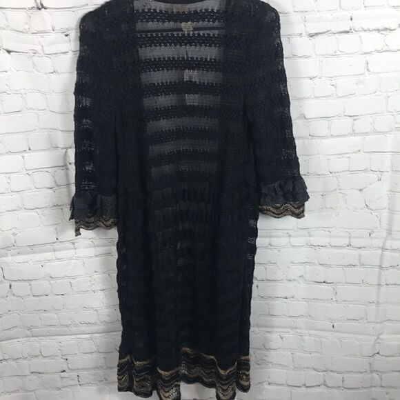 Chico’s Cardigan duster black Drama Ruffle Elizabeth Black sz 0 cotton Rayon NWT - Picture 5 of 6